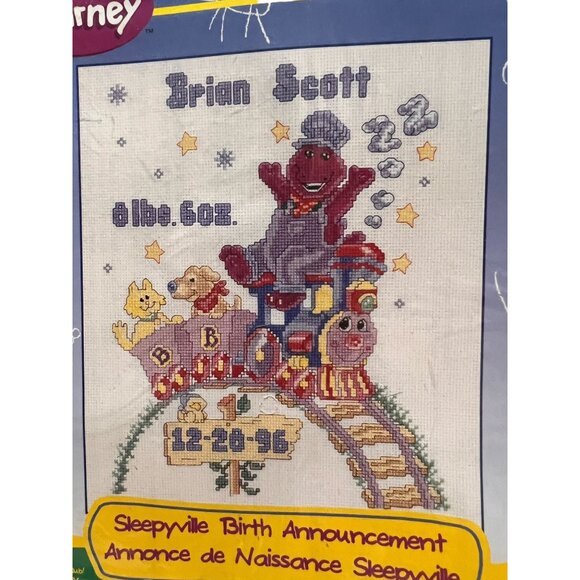 Barney Sleepyville Birth Announcement Counted Cross Stitch Kit 1997 Janlynn NEW - Picture 2 of 6
